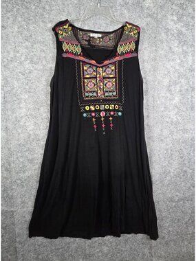 Adore Women's Sleeveless Mini Shift Dress Black Emboardary Size XL Boho Casual